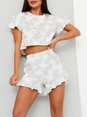 Round-Neck Loose Short Sleeves Elasticity Ruffle Trim T-shirt Top + Shorts Bottom Pajama Sets