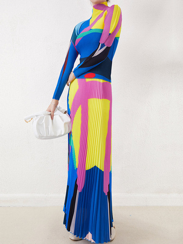 Contrast Color Pleated Long Sleeves Mock Neck T-Shirts Tops