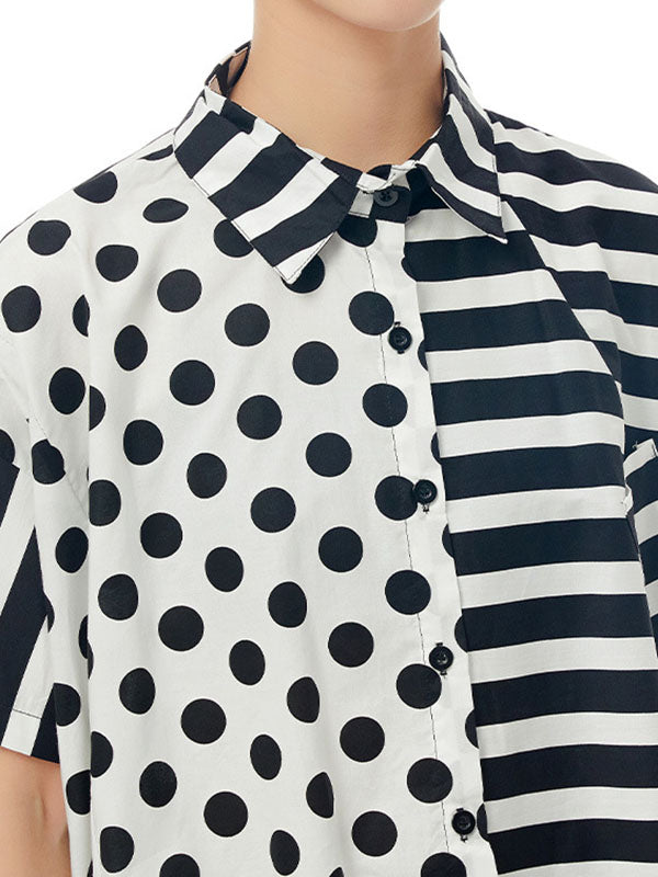 Polka-Dot Split-Joint Striped Irregular clipping Loose Lapel Shirts Tops