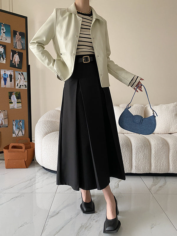 Pleated Solid Color Split-Joint A-Line High Waisted Skirts Bottoms