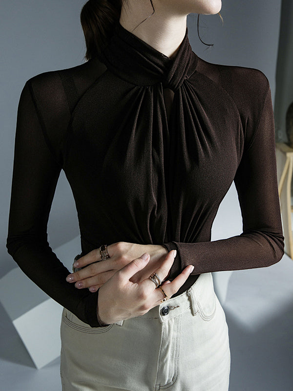 Hollow Pleated Solid Color Long Sleeves Plus Size Mock Neck T-Shirts Tops