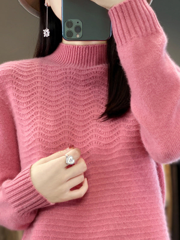 Solid Color Long Sleeves Loose Mock Neck Sweater Tops Pullovers