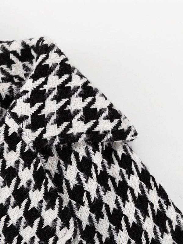 Houndstooth Split-back Split-Joint Tied Waist Long Sleeves Loose Lapel Trench Coats