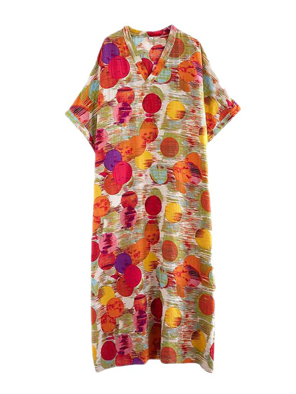 Contrast Color Polka-Dot Batwing Sleeves Half Sleeves V-Neck Maxi Dresses