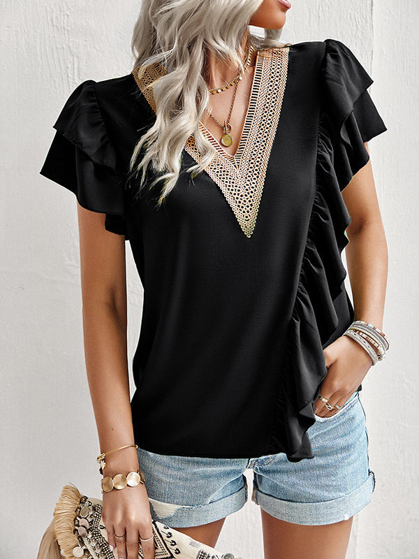 Applique Split-Joint Loose Short Sleeves V-Neck T-Shirts Tops