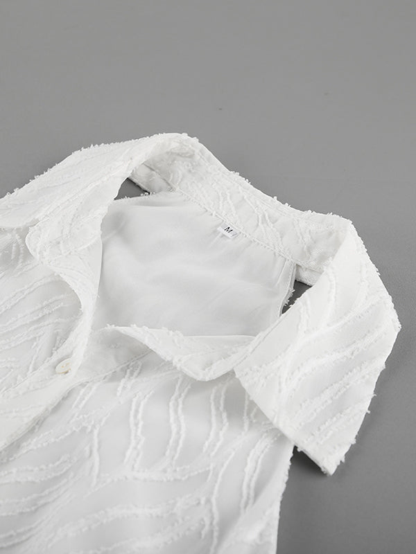 Jacquard See-Through Solid Color Sleeveless Lapel Blouses&Shirts Tops