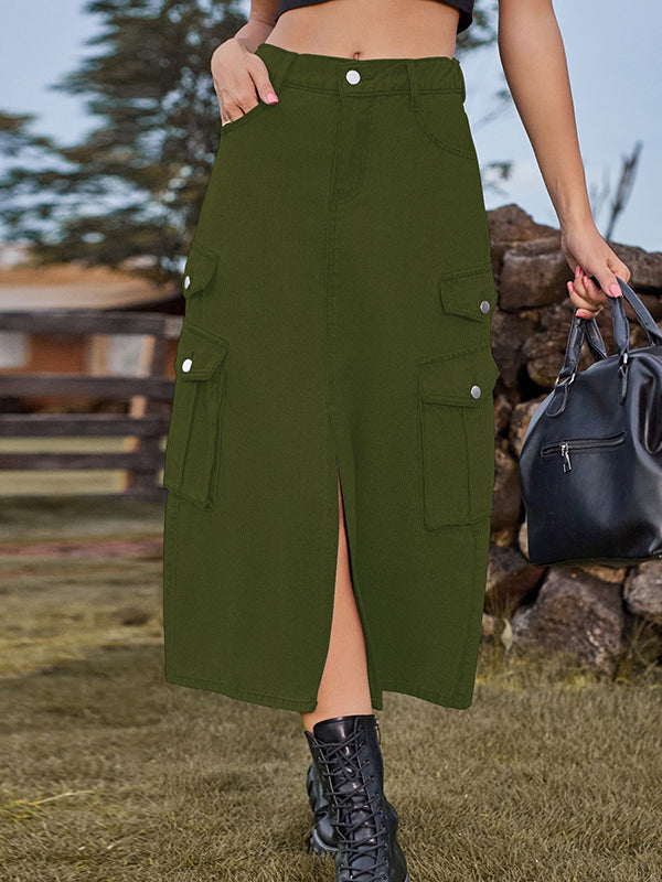 Pockets Split-Front Split-Joint A-Line Loose Denim Skirts
