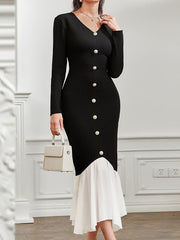 Buttoned Split-Joint Bodycon High Waisted V-neck Maxi Dresses