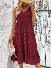 Buttoned Solid Color Tiered Loose Sleeveless Round-neck Midi Dresses