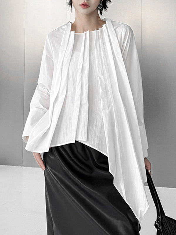 Asymmetric Pleated Solid Color Hipster Irregularity Round-Neck Blouses&Shirts Tops