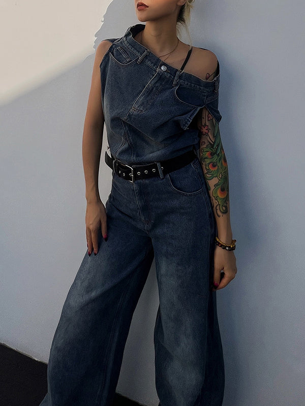 Asymmetric Split-joint Fringed Boat Neck Vest Top+ High Waisted Belted Jeans Bottom Two Pieces Set