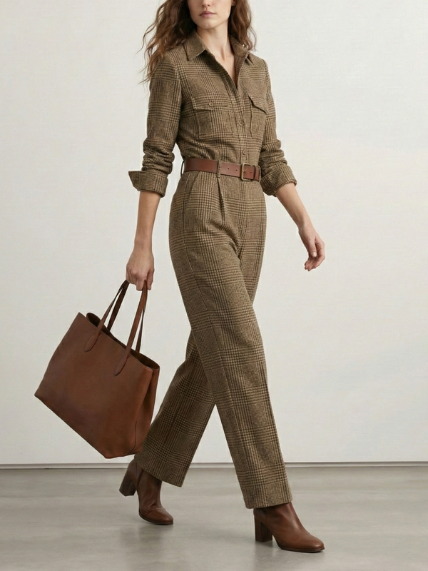 No Belt Plaid Pleated Pockets High Waisted Long Sleeves Lapel Jumpsuits
