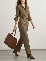 No Belt Plaid Pleated Pockets High Waisted Long Sleeves Lapel Jumpsuits