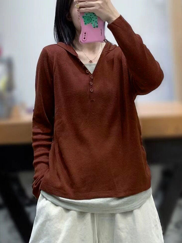 Asymmetric Buttoned Split-Joint False Two Hooded V-neck T-Shirts Tops Knitwear