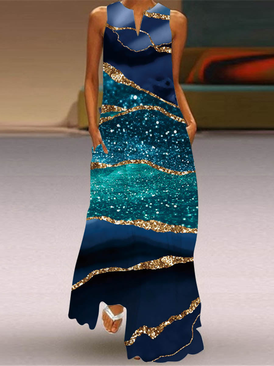 Contrast Color Pockets Printed Split-Joint A-Line Loose V-Neck Maxi Dresses