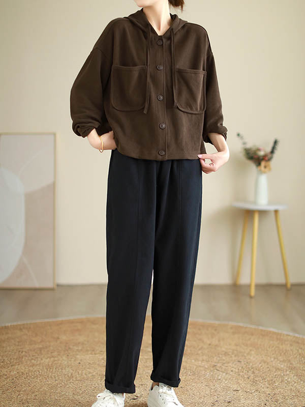 Buttoned Drawstring Pockets Solid Color Hooded Long Sleeves Outerwear