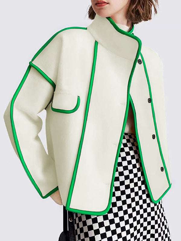 Buttoned Contrast Color Pockets Split-Joint Long Sleeves Loose Stand Collar Woolen Coat