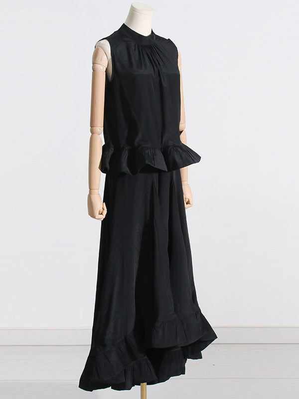 Pleated Ruffled Solid Color High Waisted High-Low Mock Neck Two Pieces Set