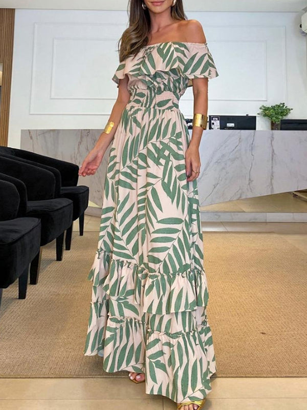 Elasticity Falbala Leaf Printed Loose Short Sleeves Off-The-Shoulder Maxi Dresses
