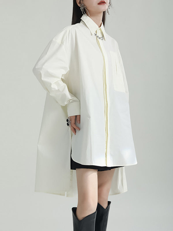 Solid Color Split-side High-low Irregular clipping Lapel Shirts Tops