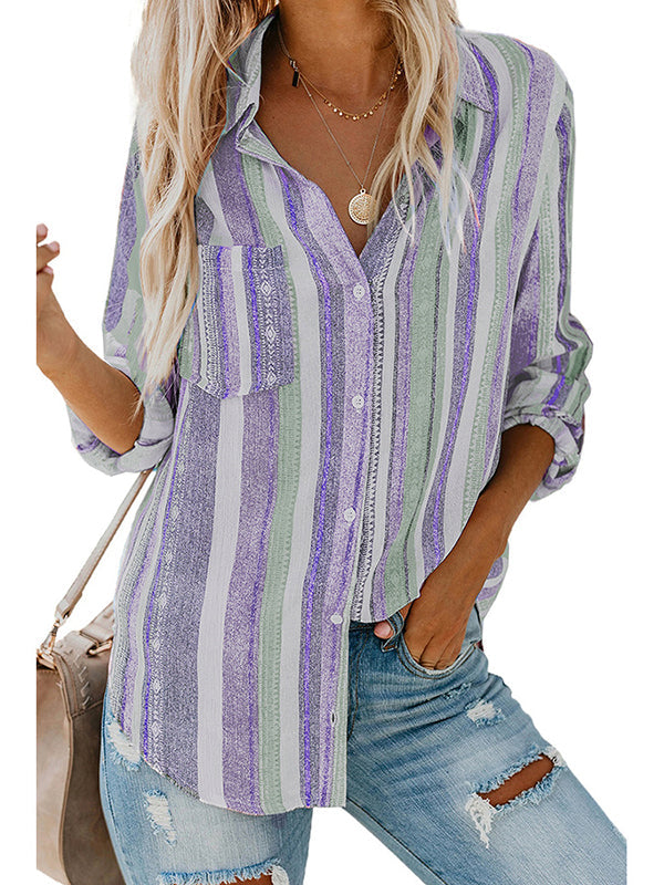 Buttoned Pockets Striped High-Low Long Sleeves Lapel Blouses&Shirts Tops