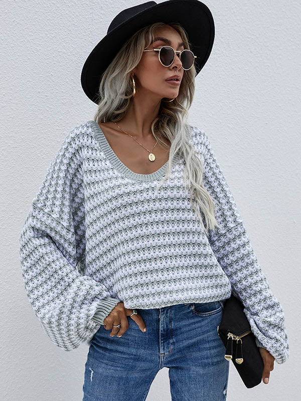 Original Loose Striped 8 Colors V-Neck Long Sleeves Sweater Top
