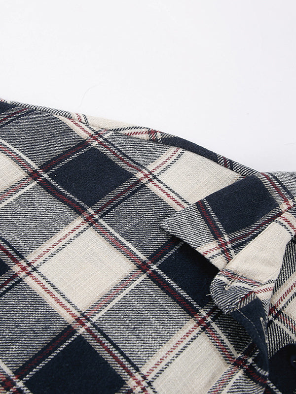 Plaid Split-Joint Long Sleeves Loose Lapel Blouses&Shirts Tops