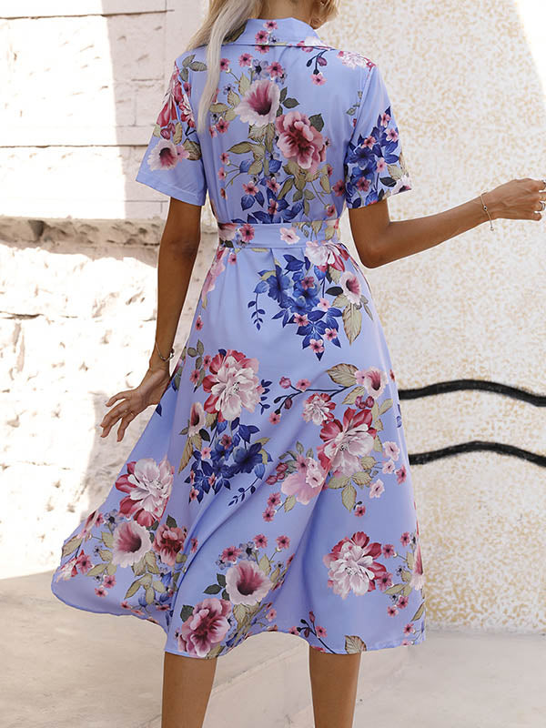 Buttoned Flower Print Tied Waist A-Line Loose Lapel Midi Dresses