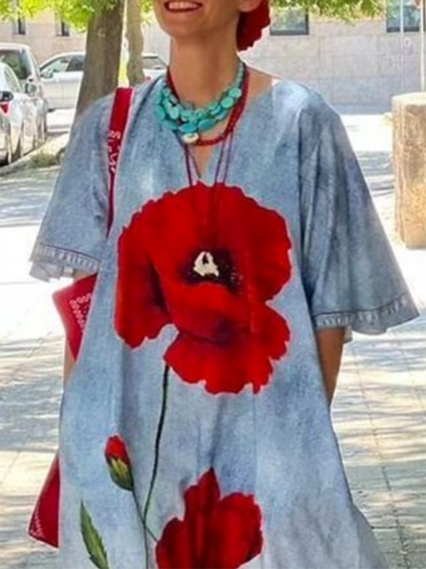 Flower Print Half Sleeves Loose V-Neck Maxi Dresses