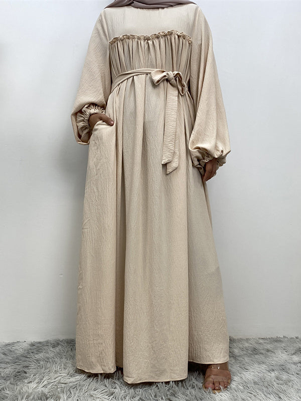 Elasticity Muslim Pleated Solid Color Split-Joint Tied Waist Bishop Sleeve Long Sleeves Round-Neck Maxi Dresses