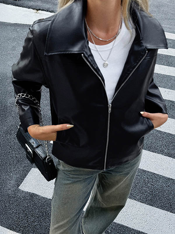 Pockets Solid Color Zipper Long Sleeves Lapel Overcoat Jackets