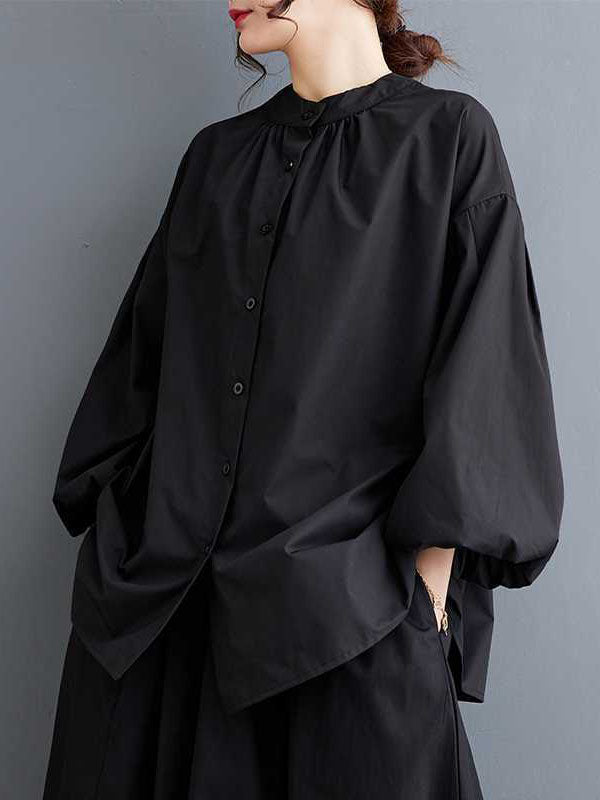 Buttoned Hollow Pleated Solid Color Loose Nine-Minute Sleeve Round-Neck Blouses&Shirts Tops