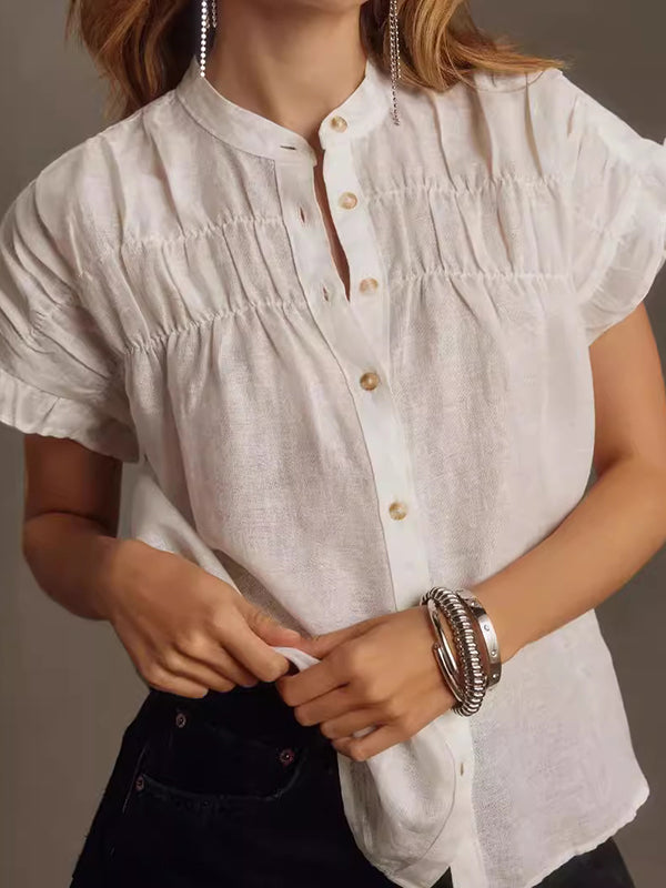 Pleated Ruffled See-Through Split-Joint Loose Short Sleeves Round-neck Blouses&shirts Tops