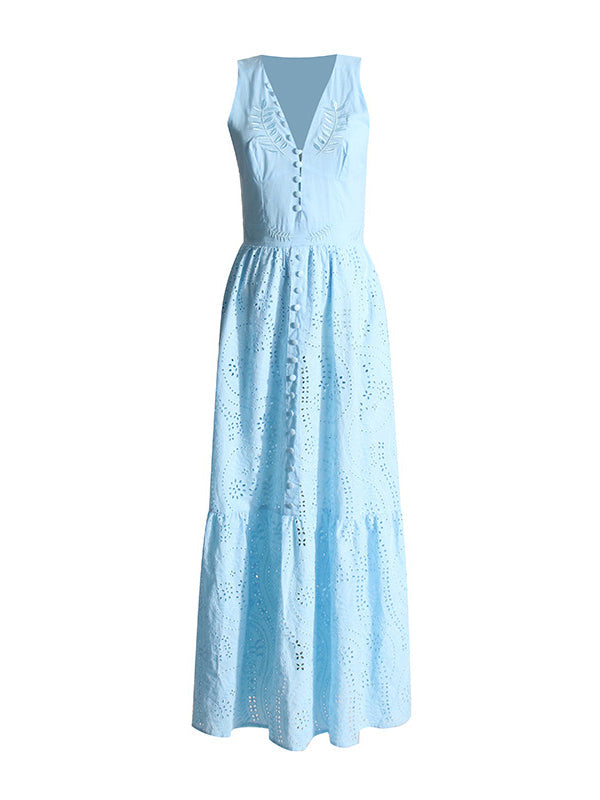 Buttoned Crochet Embroidered Hollow Solid Color Zipper High Waisted Sleeveless Deep V-Neck Maxi Dresses
