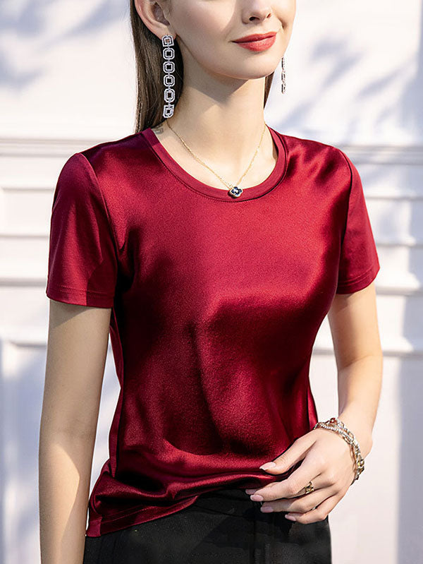 Solid Color Short Sleeves Round-neck T-Shirts Tops