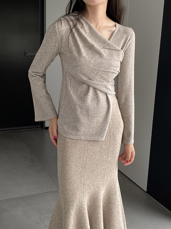 Asymmetric Solid Color Long Sleeves Loose V-Neck T-Shirts Tops