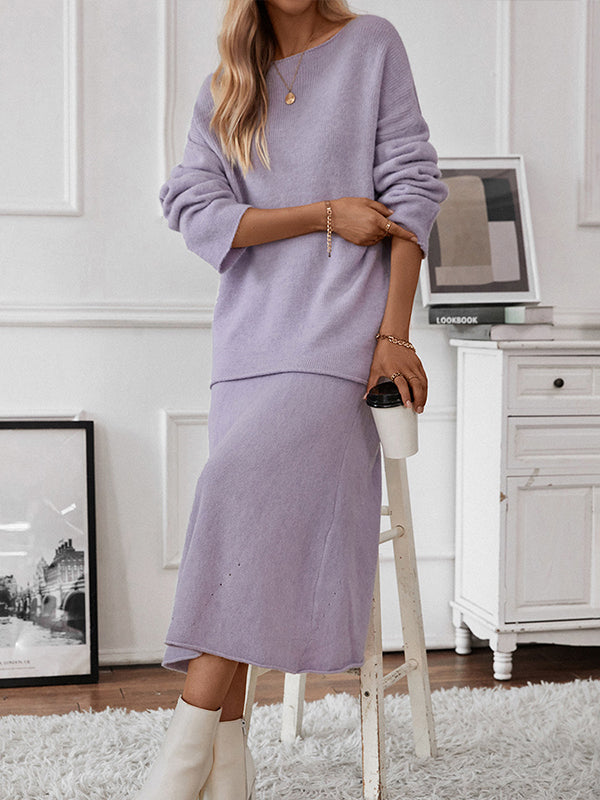 Loose Solid Color Long Sleeves Round-neck Sweater Top + Skirt Two Pieces Set