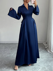 Solid Color Tied Flared Sleeves High Waisted Lapel Maxi Dresses