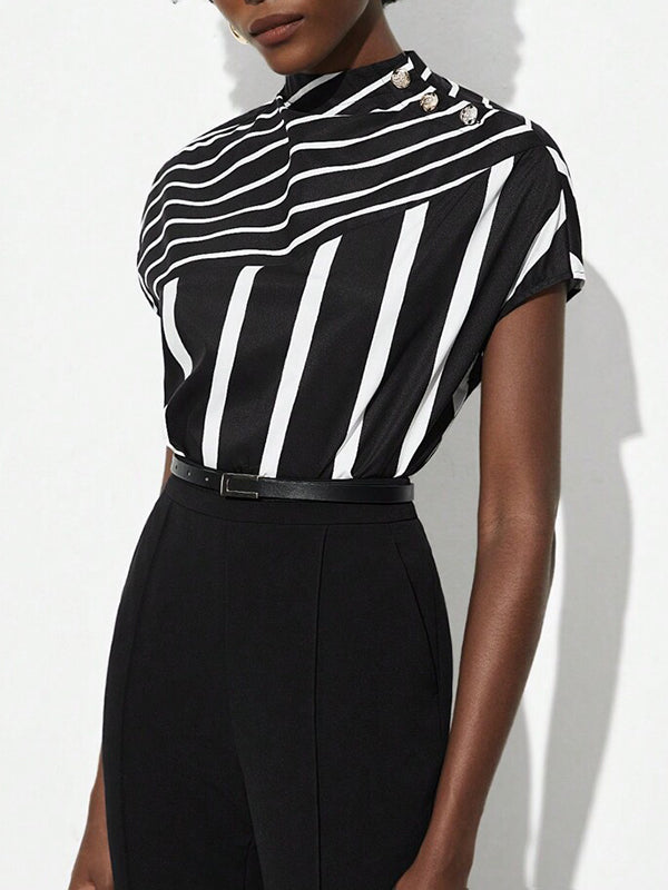 Asymmetric Split-Joint Striped Batwing Sleeves Loose High Neck T-Shirts Tops