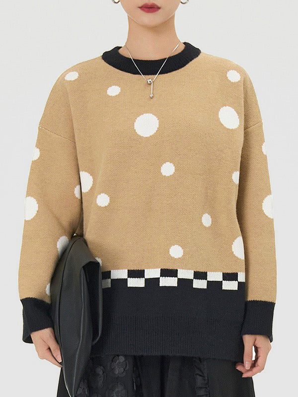Contrast Color Polka-Dot Velvet Long Sleeves Loose Round-Neck Sweater Tops Pullovers