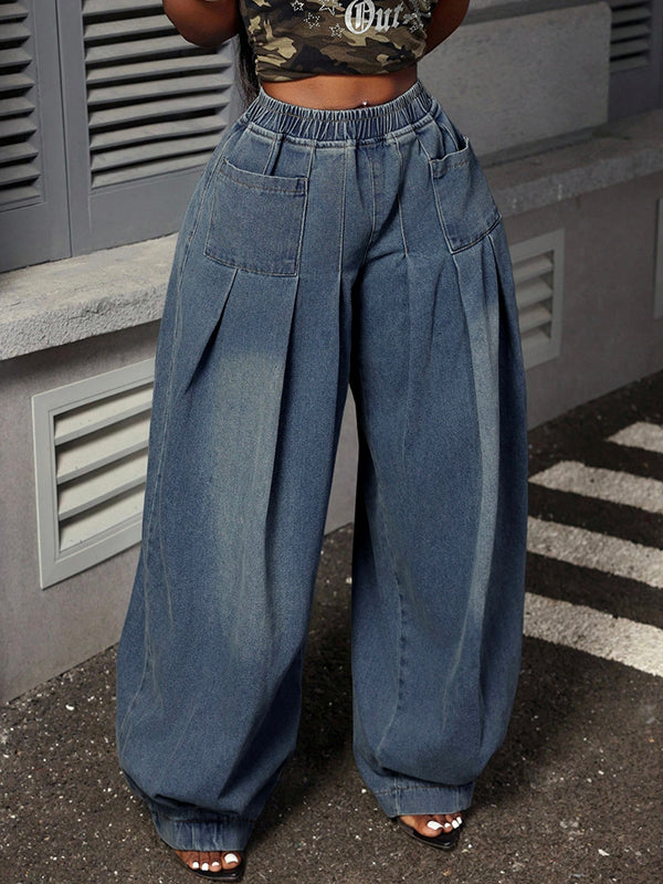 Elasticity Pockets Solid Color Loose Trousers Jean Pants Bottoms
