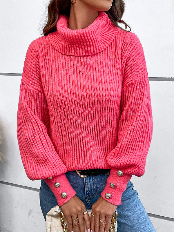 Buttoned Solid Color Split-Joint Long Sleeves Loose High Neck Sweater Tops Pullovers