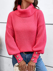 Buttoned Solid Color Split-Joint Long Sleeves Loose High Neck Sweater Tops Pullovers