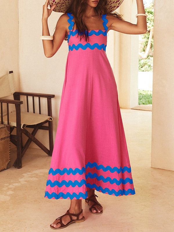 A-line High Waisted Contrast Color Zipper Square-neck Maxi Dresses Midi Dresses