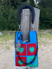 Chains Color-Block Contrast Color Heart Print Woven Shoulder Bags Handbags