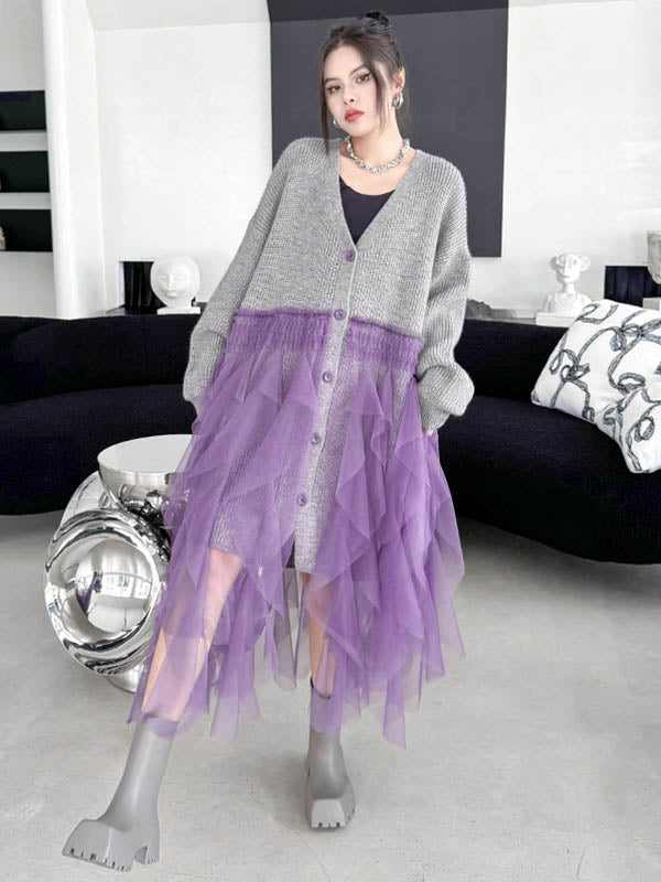 Buttoned Contrast Color Mesh Pleated Ribs Split-Joint High-Low Irregularity Collarless Outerwear Cardigan Tops