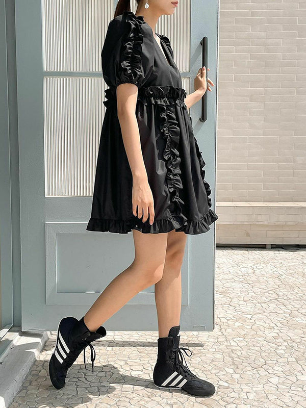 Ruffle Trim Split-Joint A-Line Loose V-Neck Mini Dresses