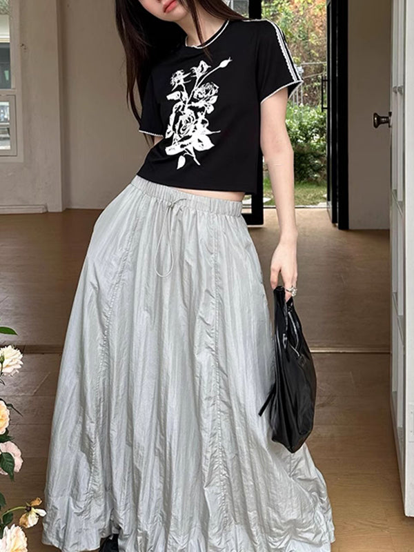 Drawstring Elasticity Solid Color Split-Joint A-line High Waisted Skirts