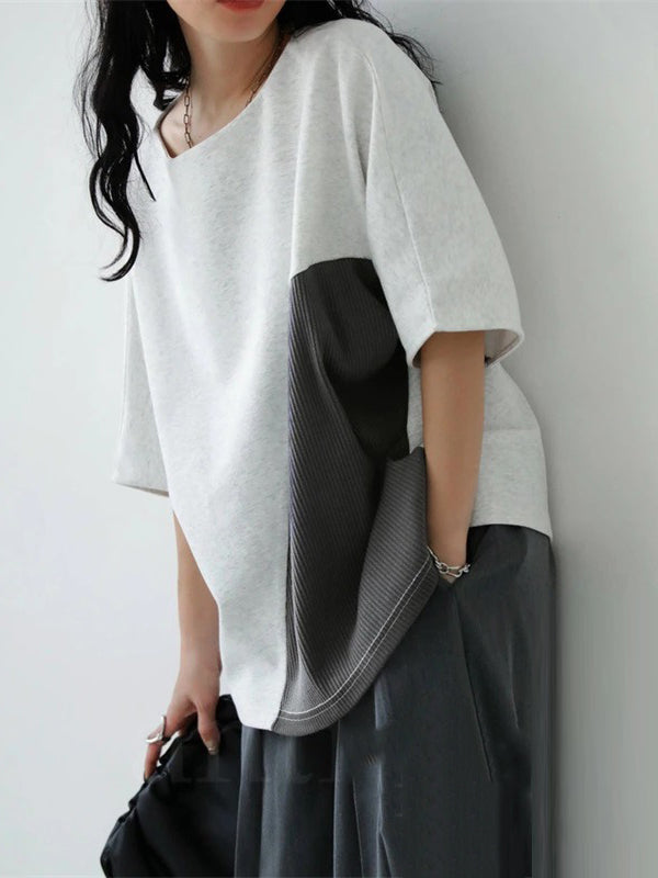 Contrast Color Batwing Sleeves Half Sleeves Round-neck T-Shirts Tops