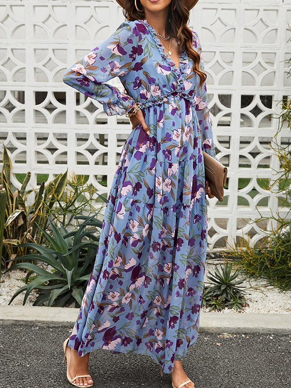 Flower Print Pleated Ruffled High Waisted Long Sleeves V-Neck Maxi Dresses